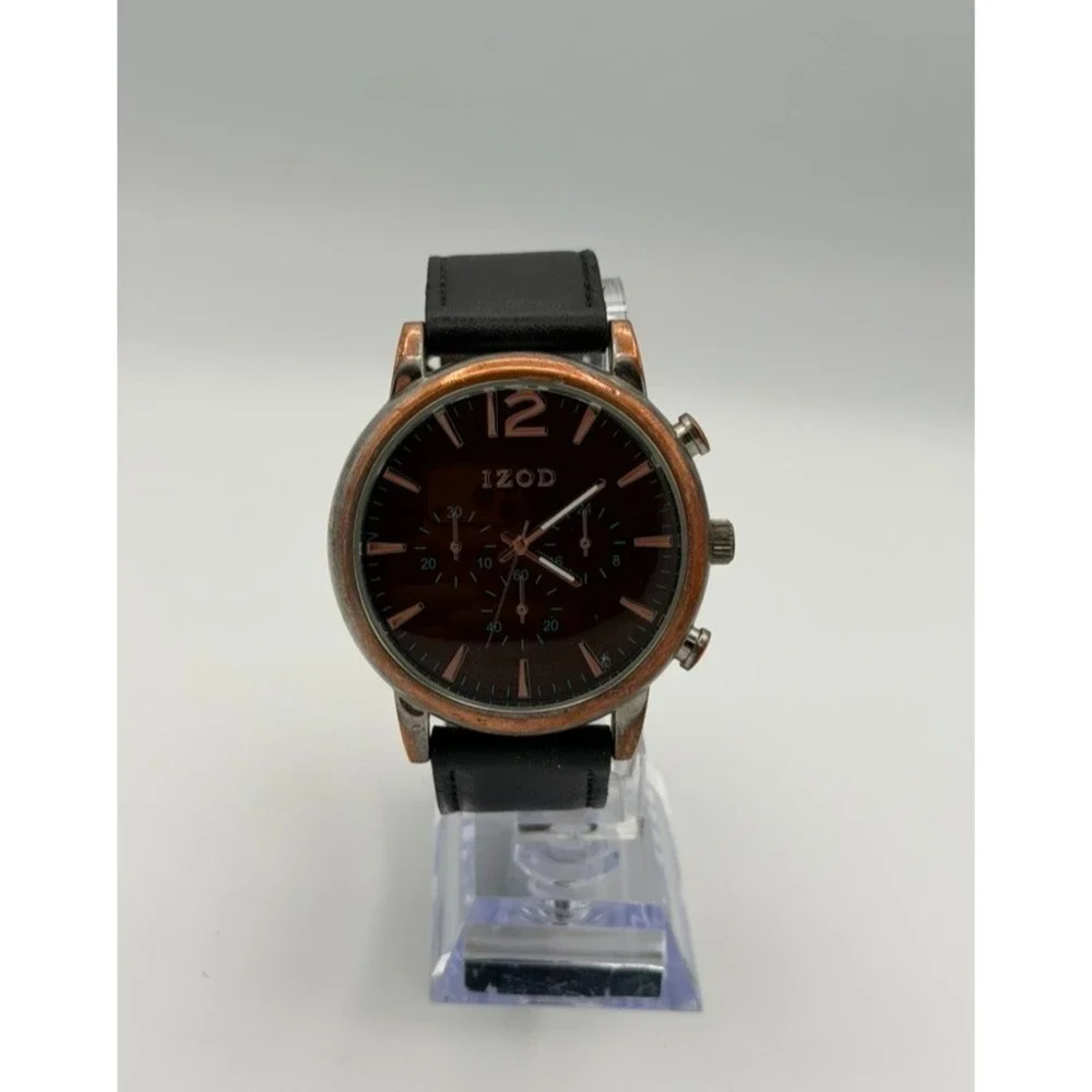 IZOD Chronograph Style Watch Black Dial Leather Strap Quartz Men's Wristwatch
